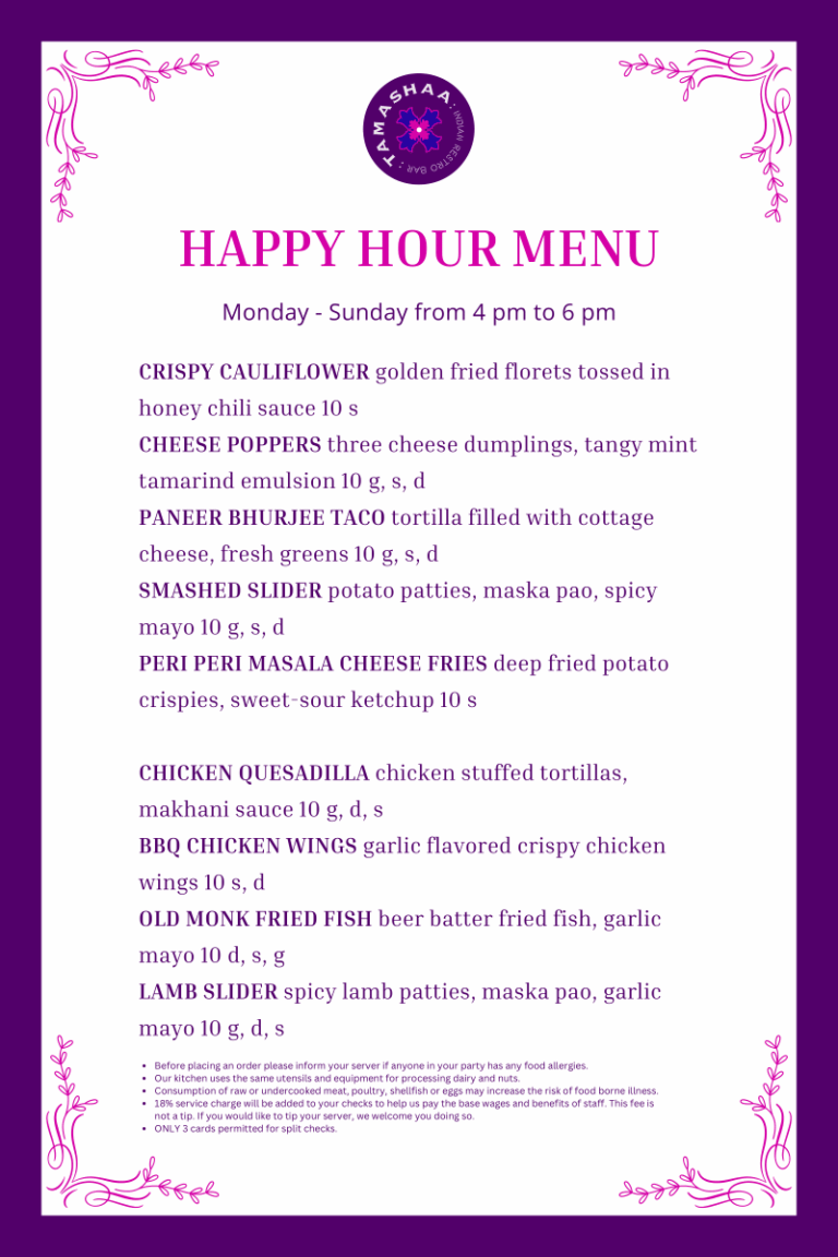 Happy Hour Menu - Tamashaa Indian Restaurant Washington DC